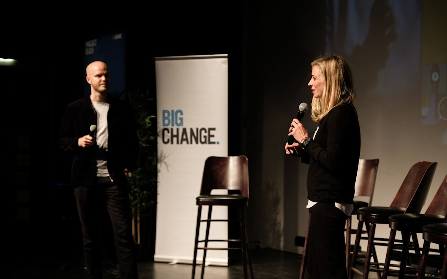 Holly Branson speaking to her cousin Noah at a Big Change event