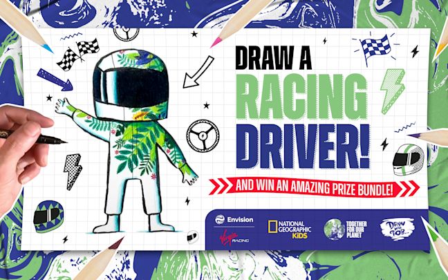 Draw a racing driver and win an amazing prize bundle competition graphic from Envision Virgin Racing Draw a racing driver and win an amazing prize bundle competition graphic from Envision Virgin Racing