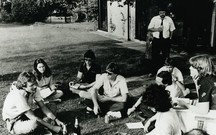 Richard Branson with the Student magazine team sitting on the grass