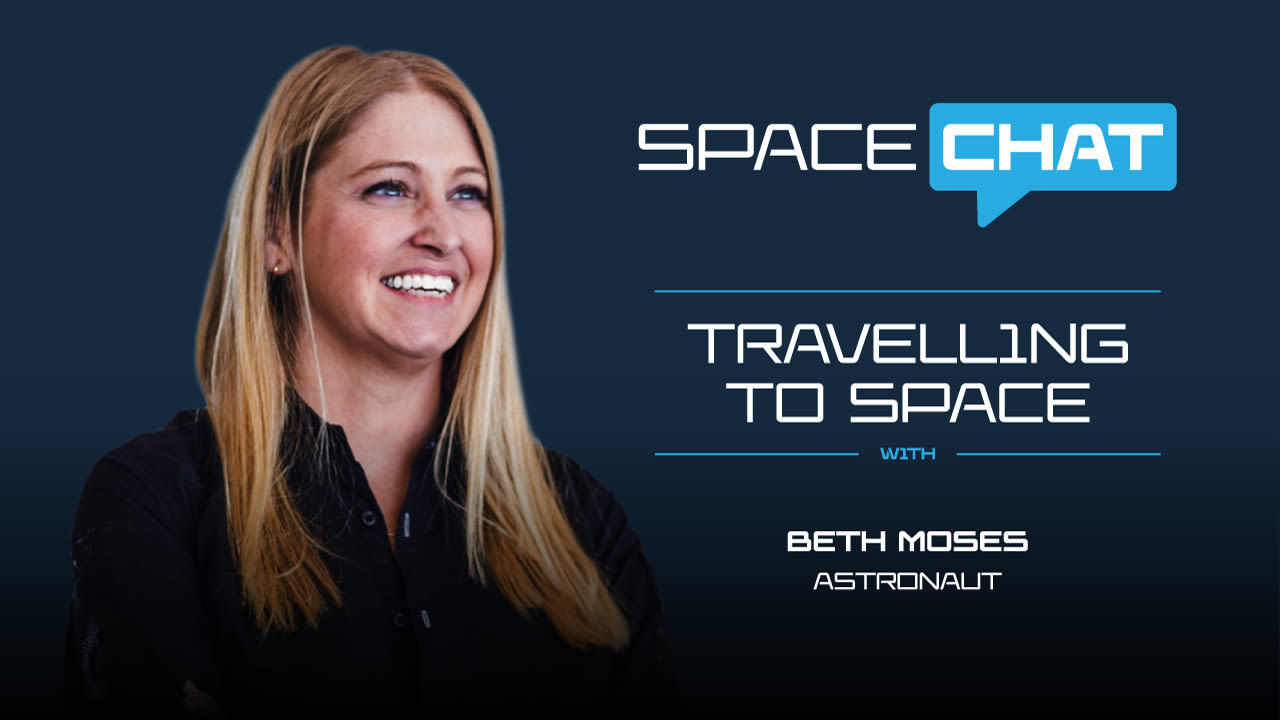 A picture of Beth Moses on the left with text on the right. Text reads: Space chat, Travelling to space with Beth Moses, astronaut 
