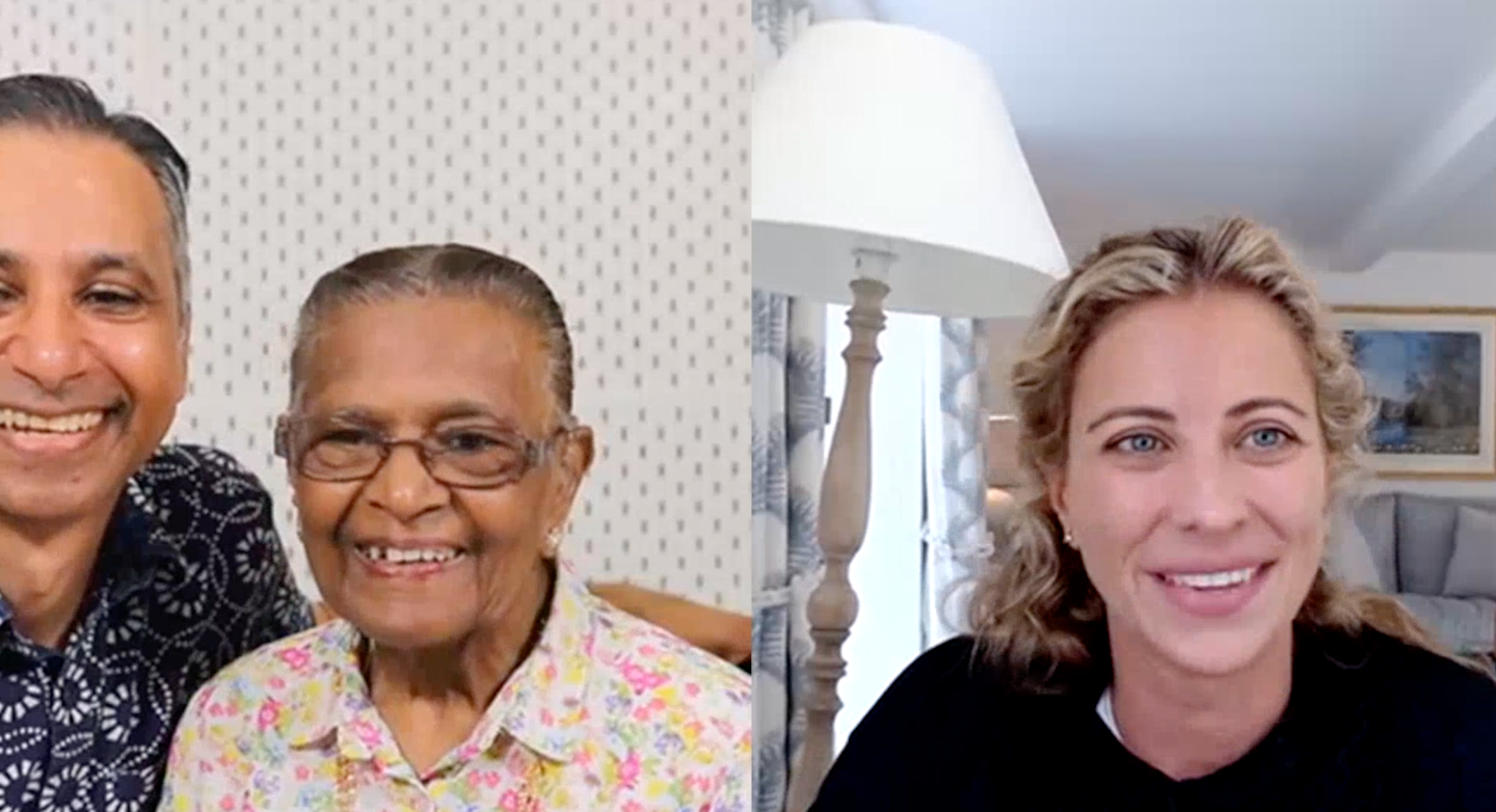 Holly Branson smiling in a virtual meeting with a carer (Hitesh) and his mum