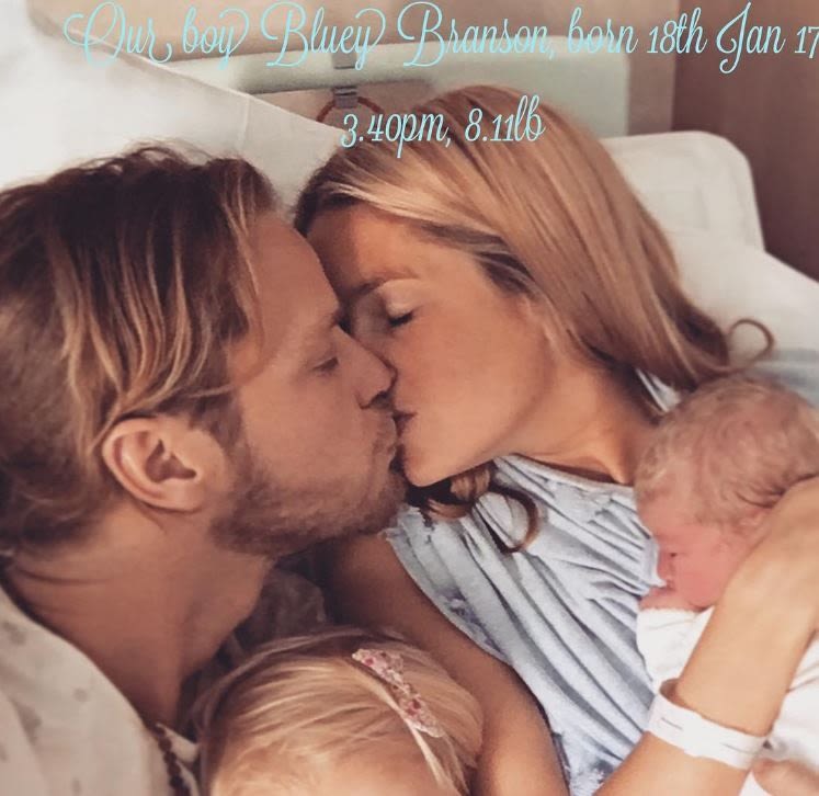 Sam Branson with wife and daughter and new baby son Bluey