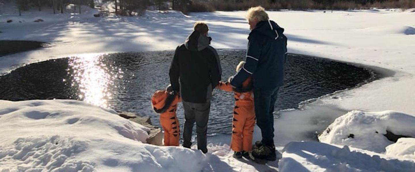 Richard Branson with Sam and the grandchildren at a frozen lake in Aspen