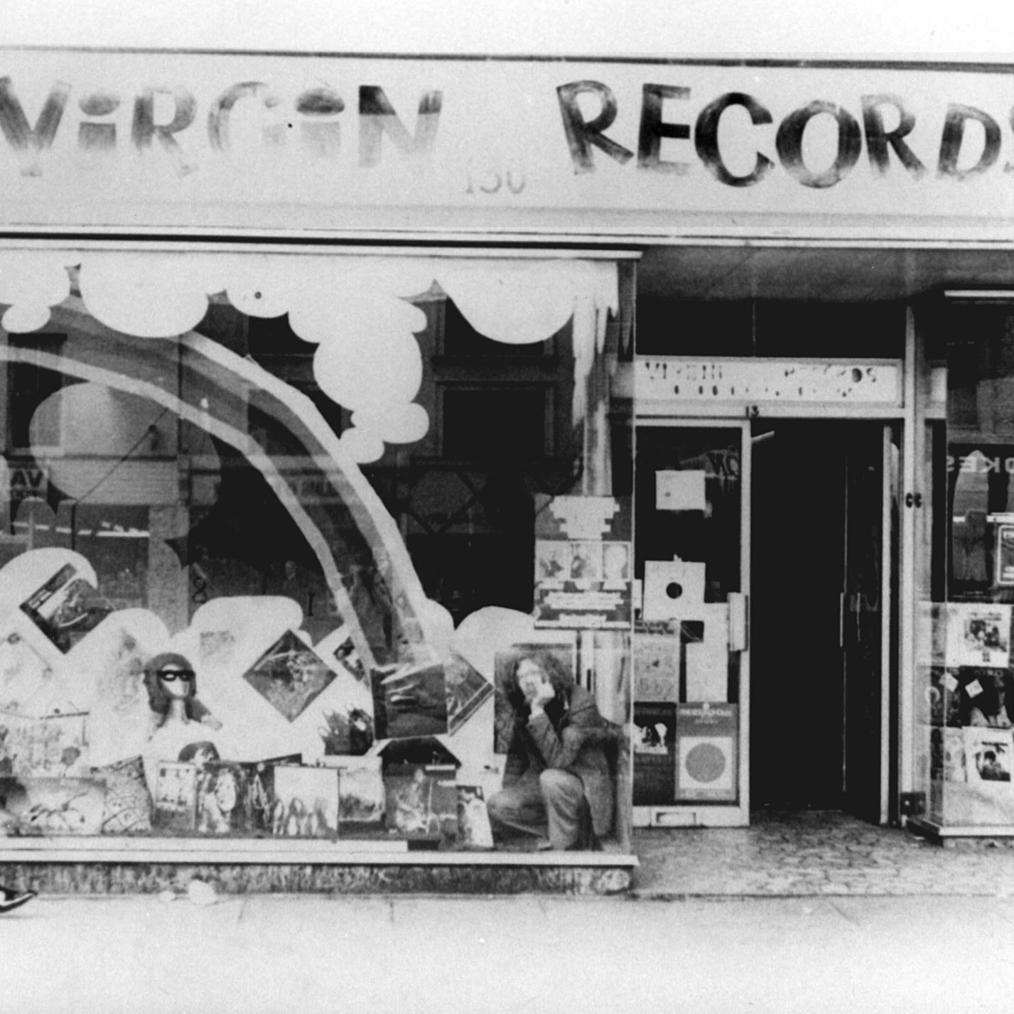 Shop front of Virgin Records years ago in black and white 