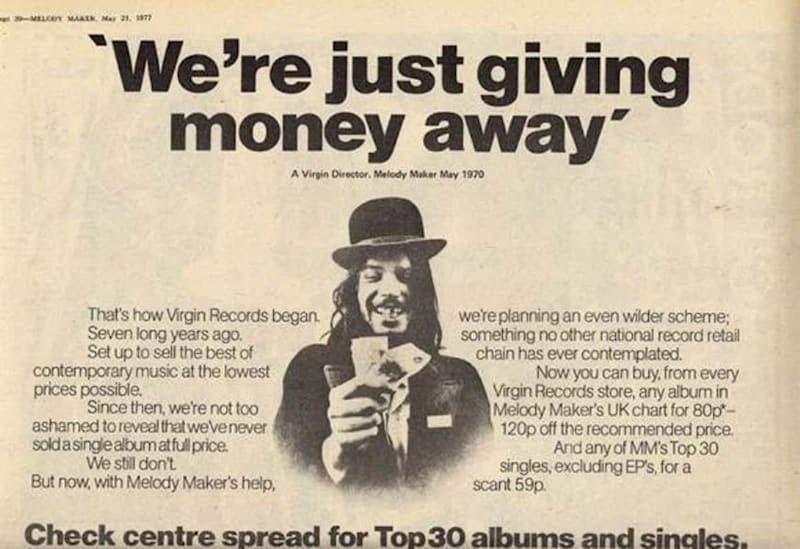 Virgin Records advert with slogan 'We're just giving away money'