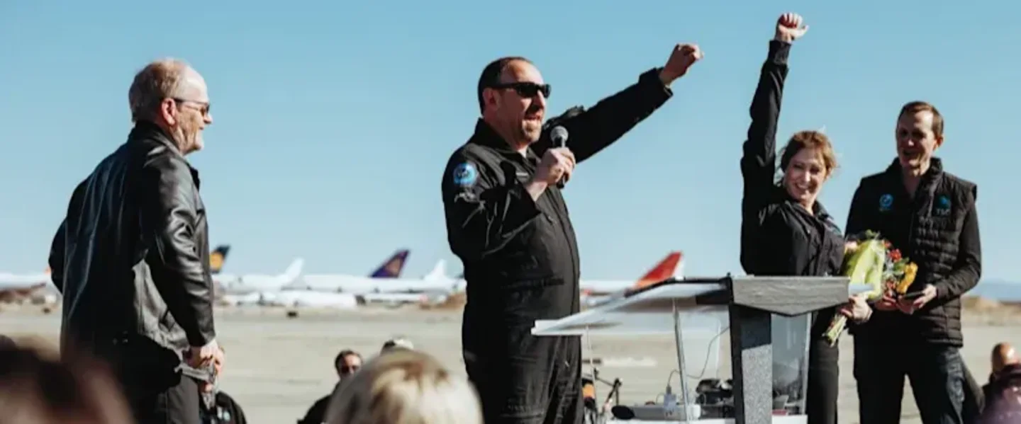 Pilots Dave Mackay and Mike Succi and Virgin Galactic’s Chief Astronaut Instructor Beth Moses celebrate Virgin Galactic's second spaceflight with