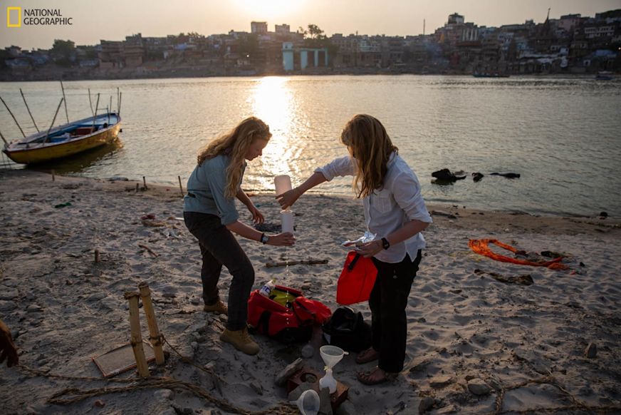 Photo by Sara Hylton, National Geographic
The water team does air samples in Varanasi, Uttar Pradesh on June 7, 2019. Taken on assignment for National Geographic's "Sea to Source: Ganges" expedition.