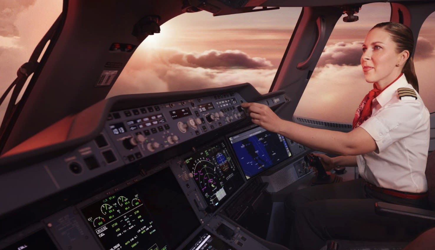 A female Virgin Atlantic pilot in the flight deck of an aircraft