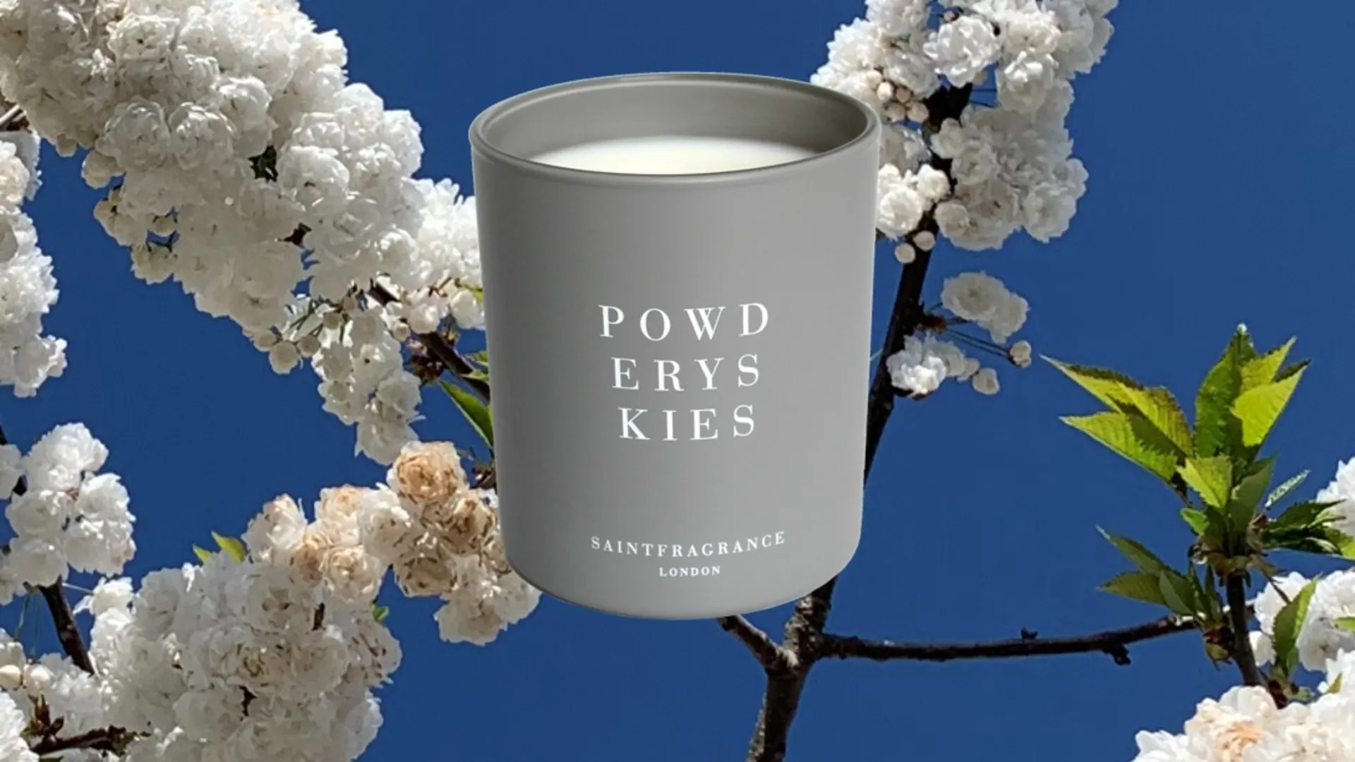 A Saint Fragrance Powdery Skies scented candle on a blue background with white flowers