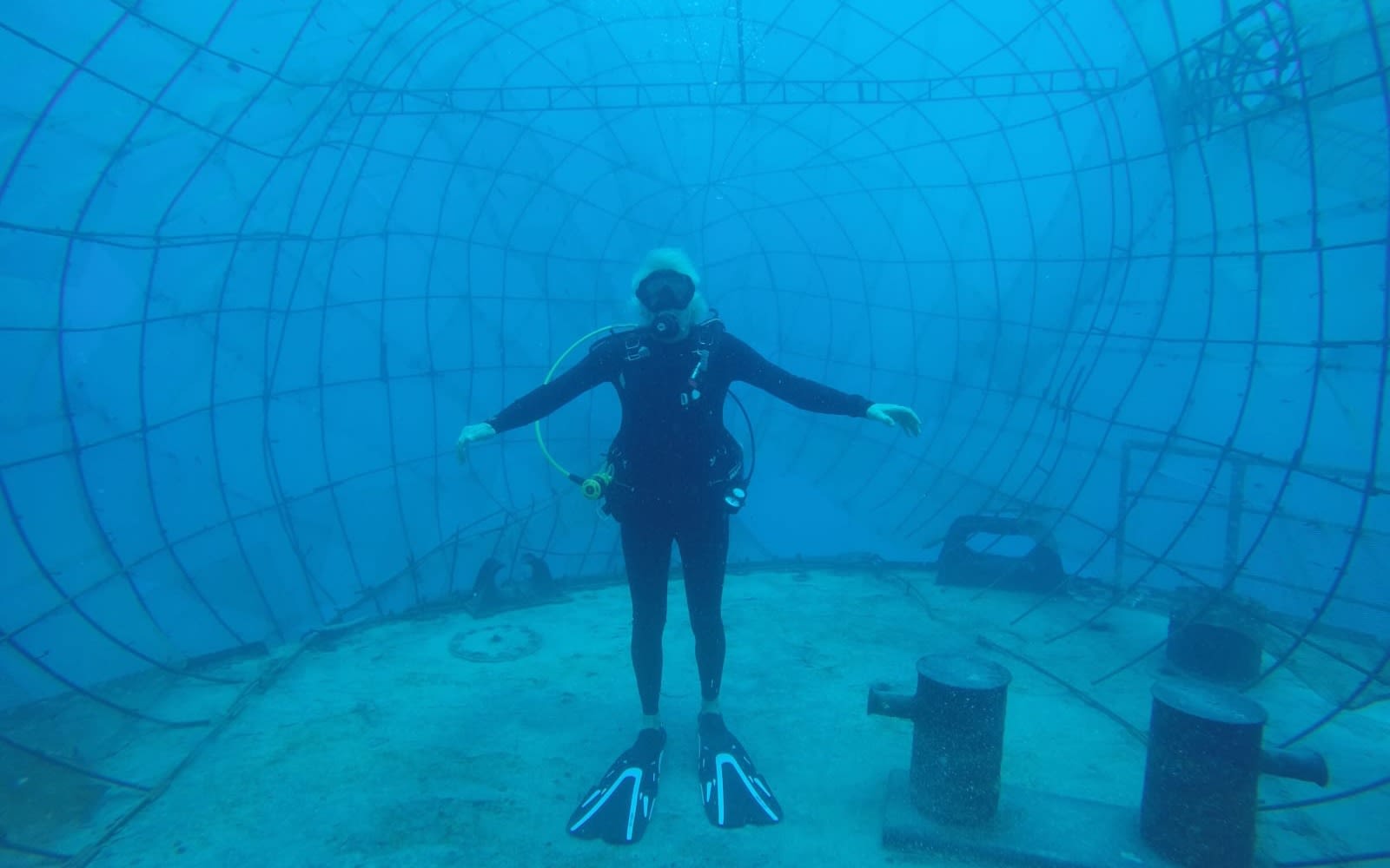 Richard Branson scuba diving in large cage