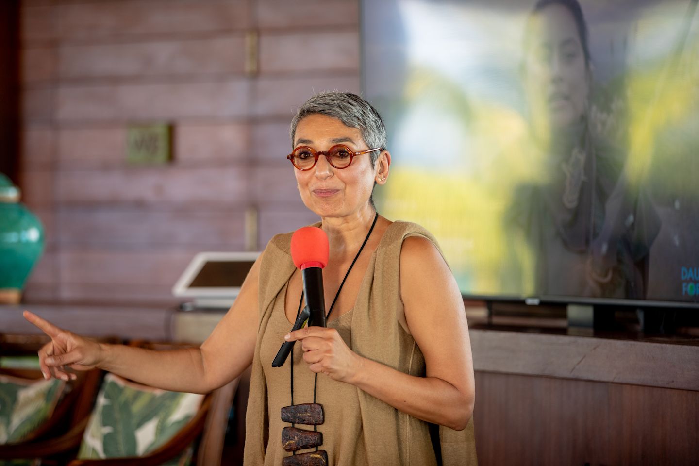 Zainab Salbi speaking at a Virgin Unite gathering on Necker Island