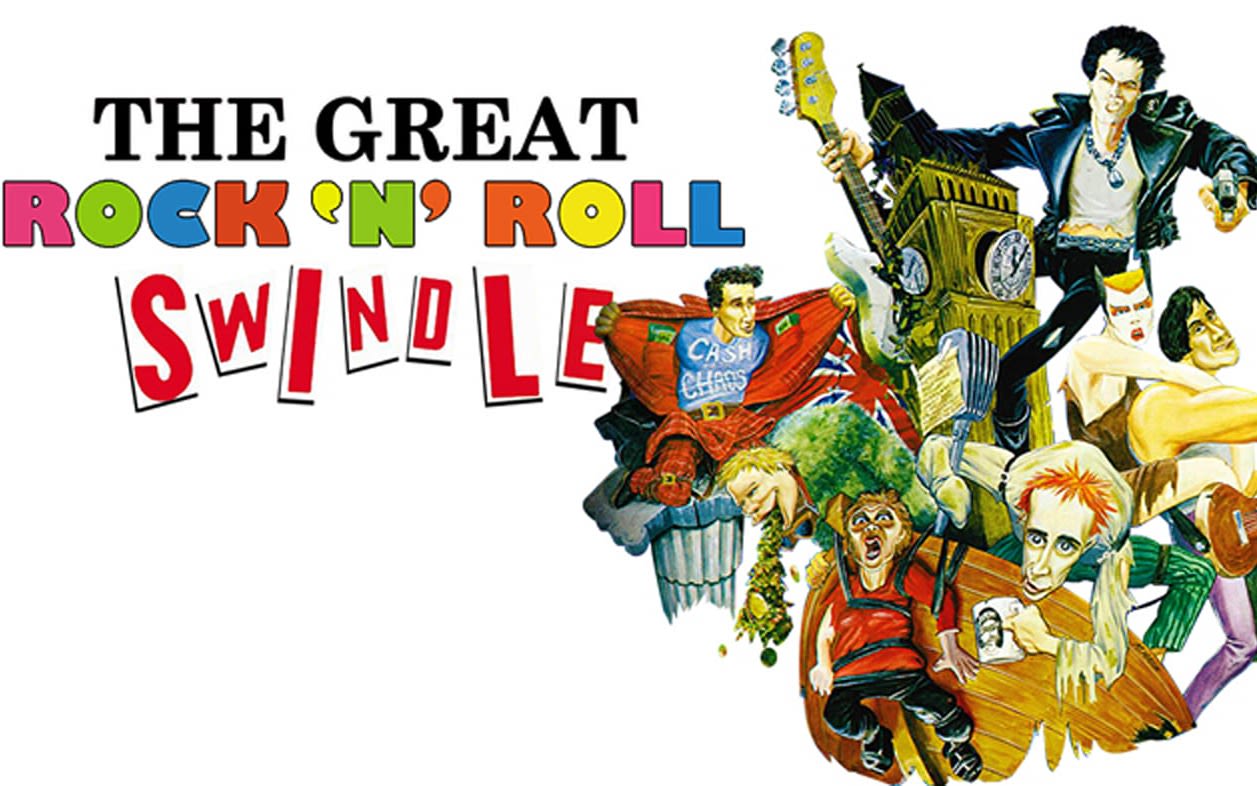 The image from the film 'The great rock 'n' roll swindle', with the title written next to drawings of people, a guitar and Big Ben. 