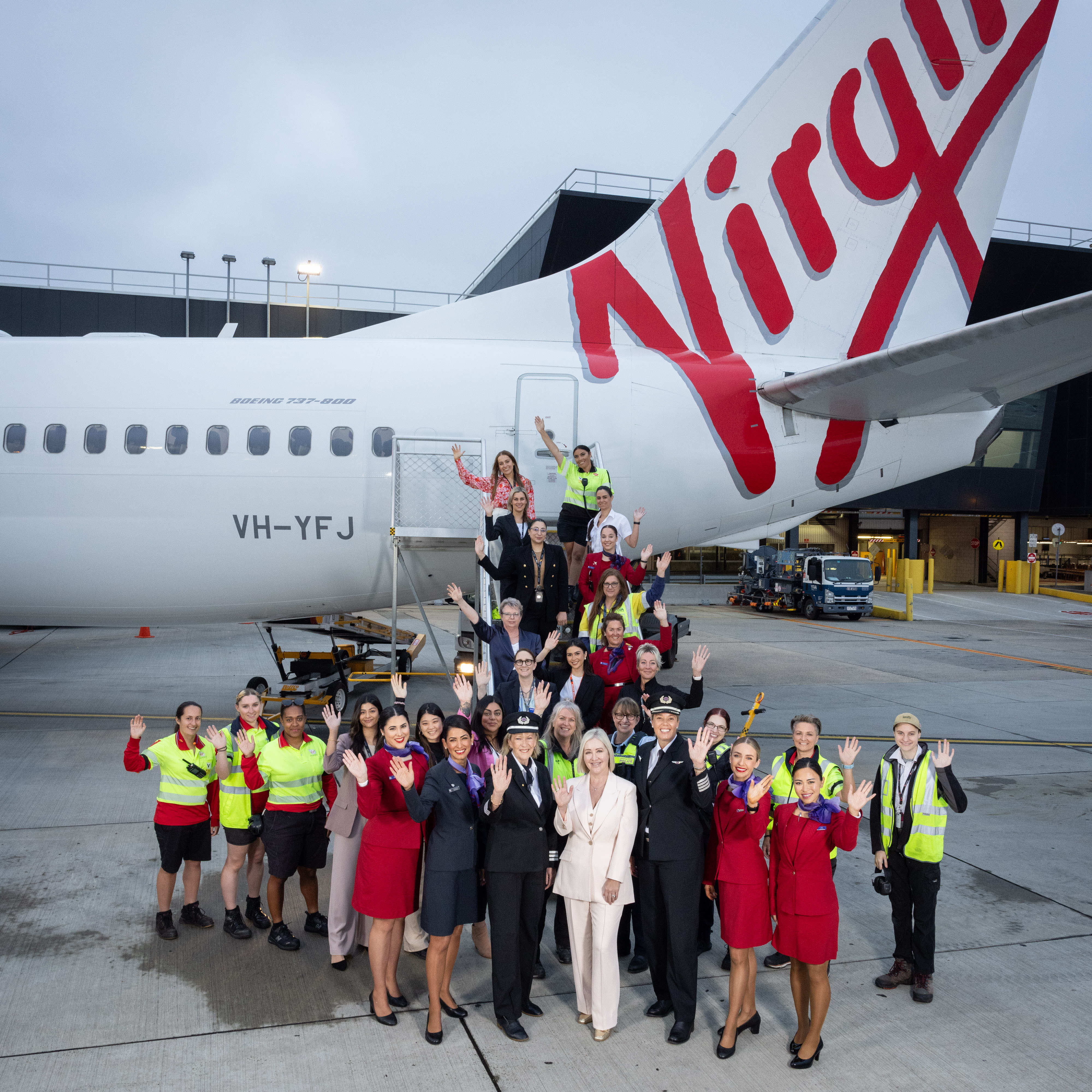 The team of people involved in Virgin Australia's International Womens Day flight