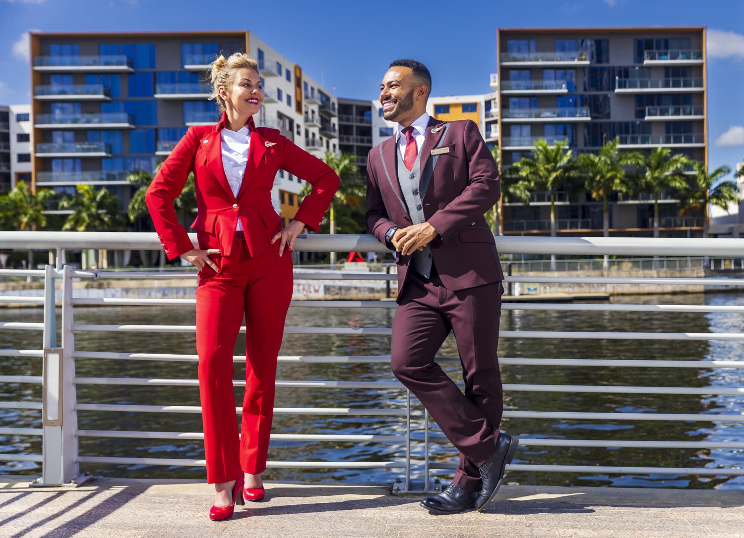 Two Virgin Atlantic cabin crew members hanging out by the water in Tampa