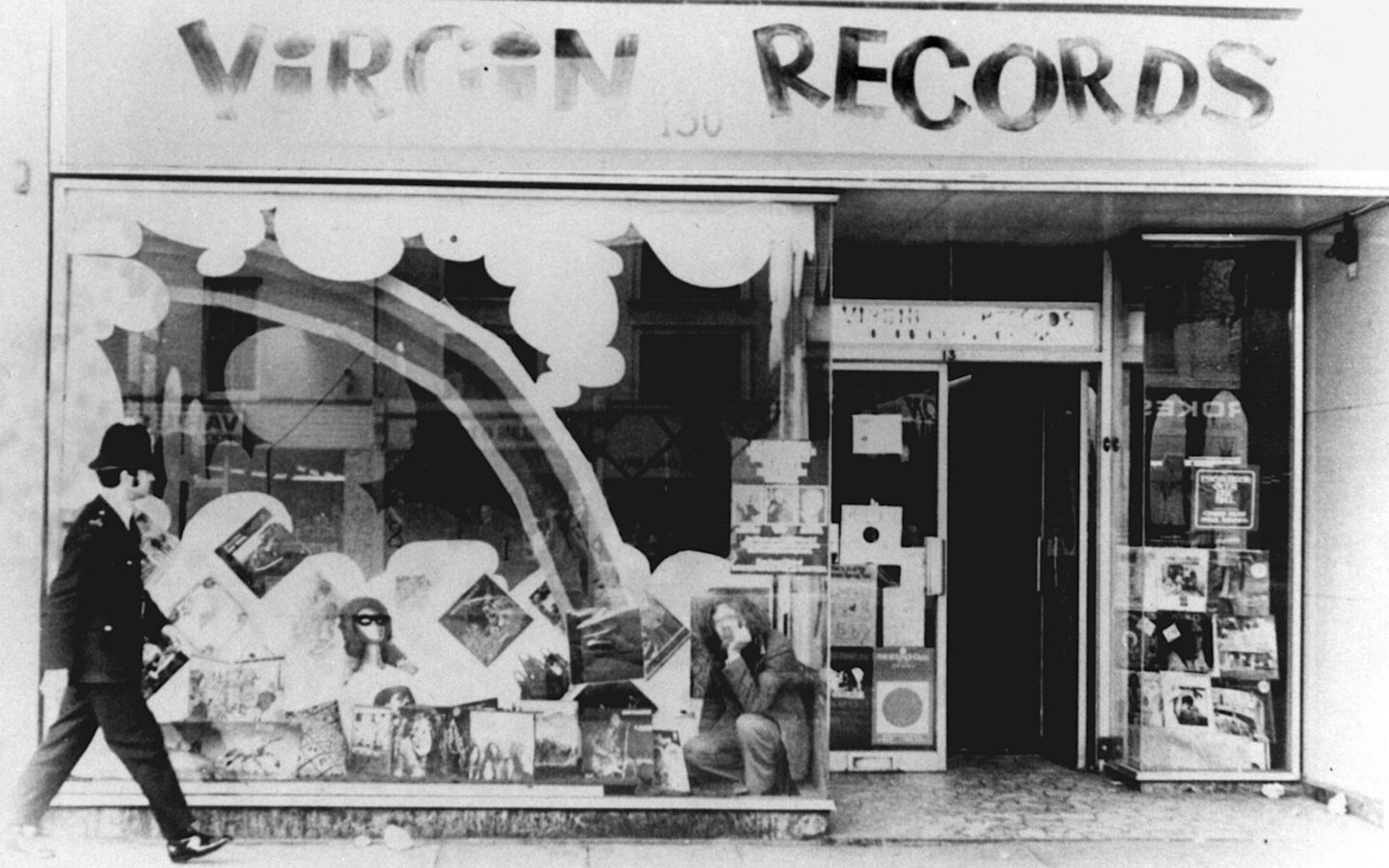 Virgin Records shop with a policeman walking past