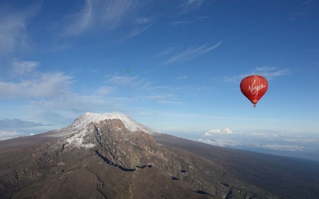 A Virgin balloon flying over Kilimanjaro