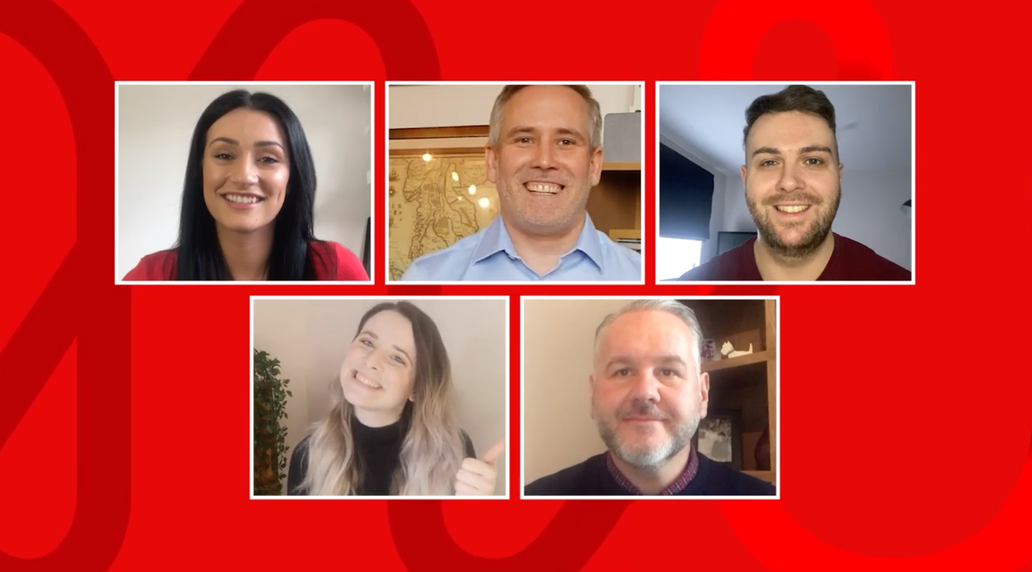 A still from the Virgin Money Red's Youtube channel.  Head shots of the team.