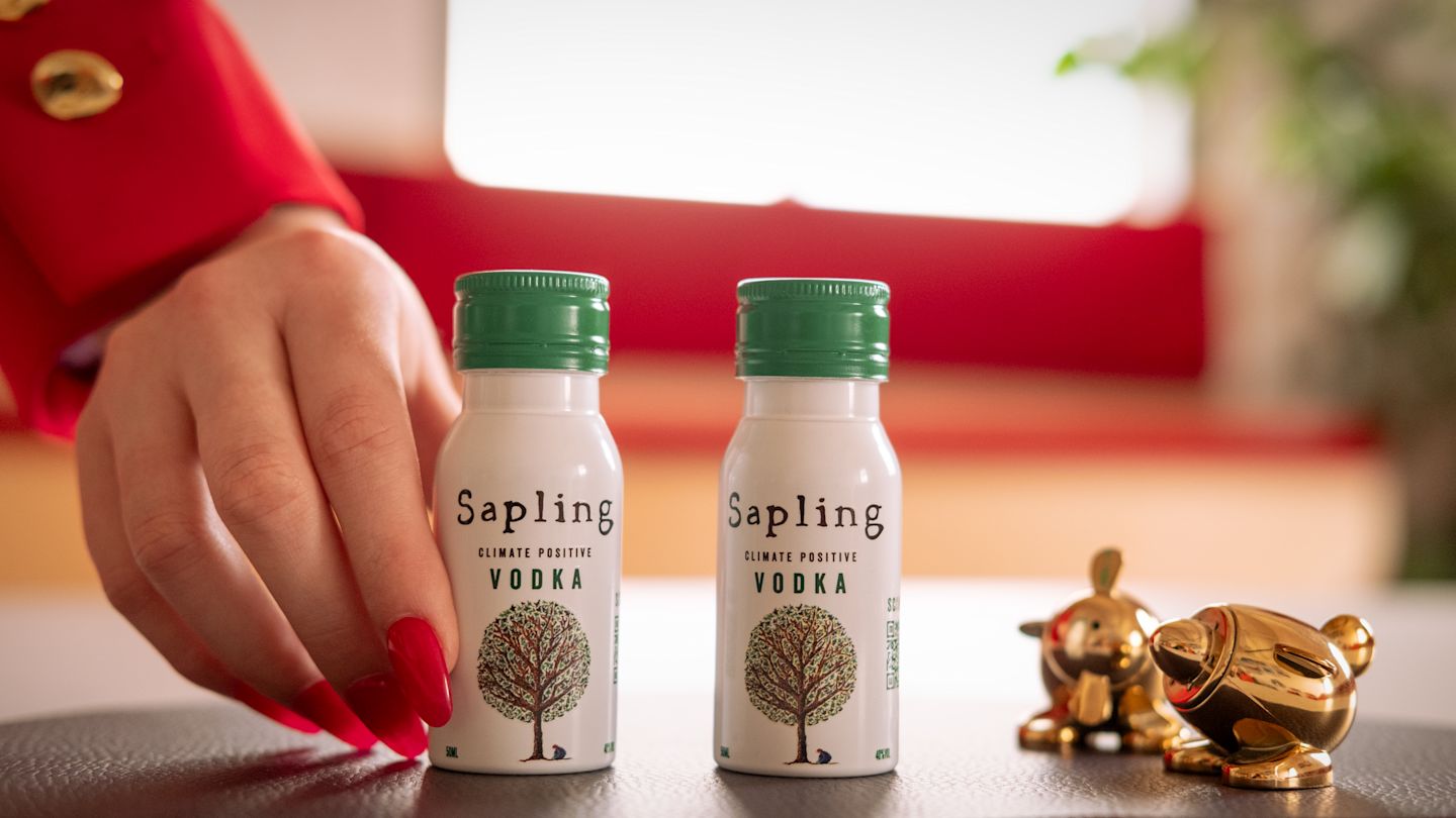Sapling Spirits' vodka mini bottle on-board a Virgin Atlantic plane