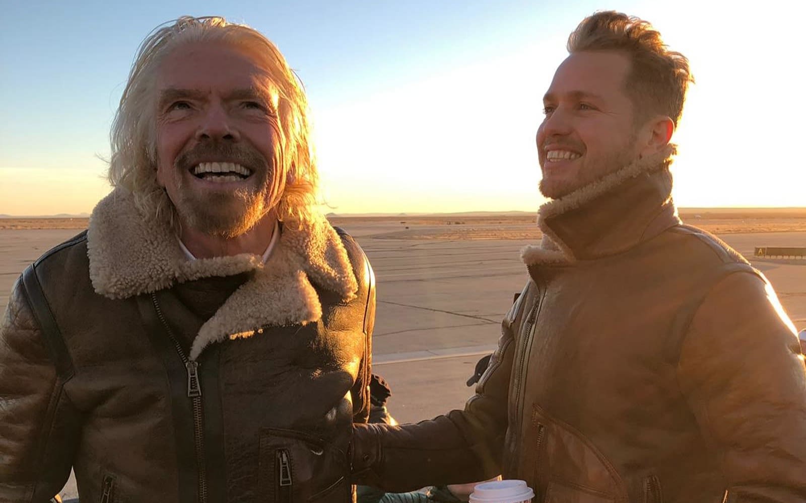 Richard and Sam Branson on the flightline for the first spaceflight 