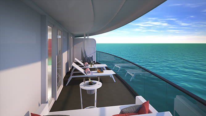 The balcony of the corner suite terrace on board Virgin Voyages