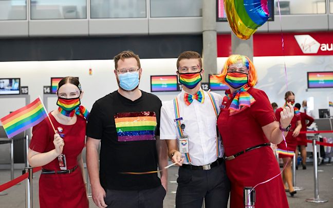 Virgin Australia passengers and crew prepare for the Pride Flight Virgin Australia passengers and crew prepare for the Pride Flight