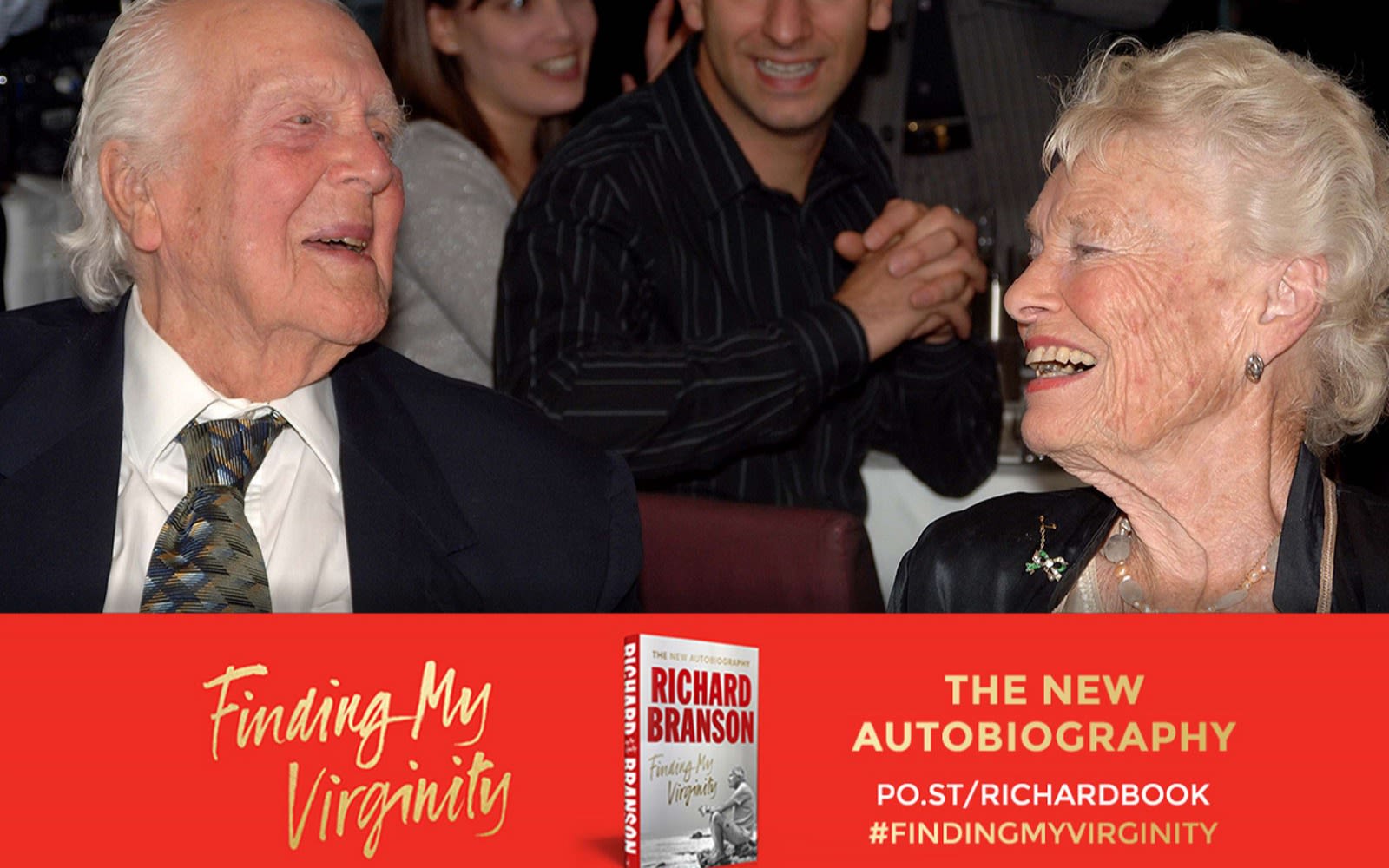 Finding My Virginity banner on a photo of Ted and Eve Branson laughing 