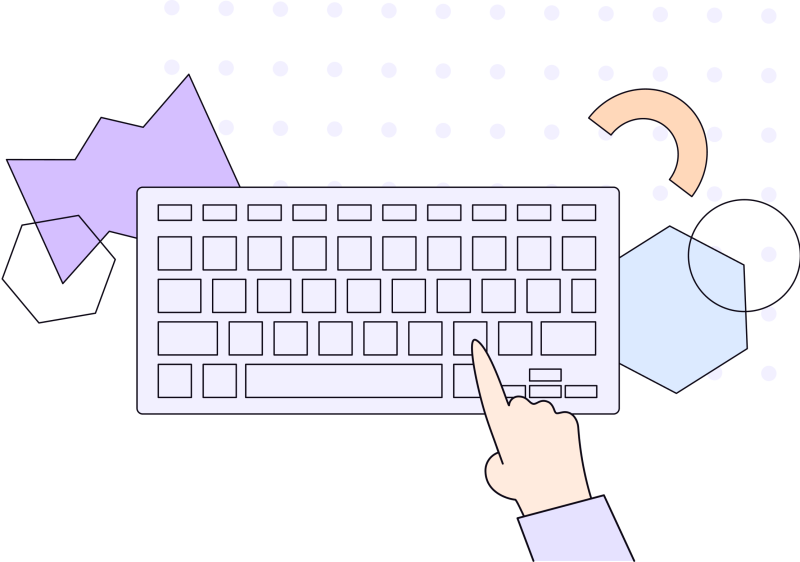 Illustration in blues, purples and oranges of hand typing on a keyboard surrounded by various shapes.