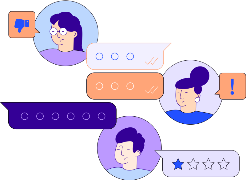 Illustration of multiple headshots with speech bubbles showing reviews.