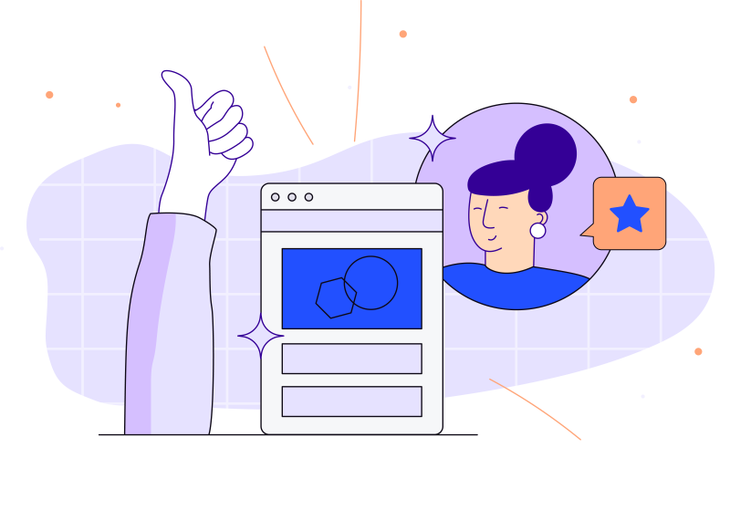 Illustration of a thumbs up with a wireframe and a person giving a positive review. The illustration shows the perfect match!