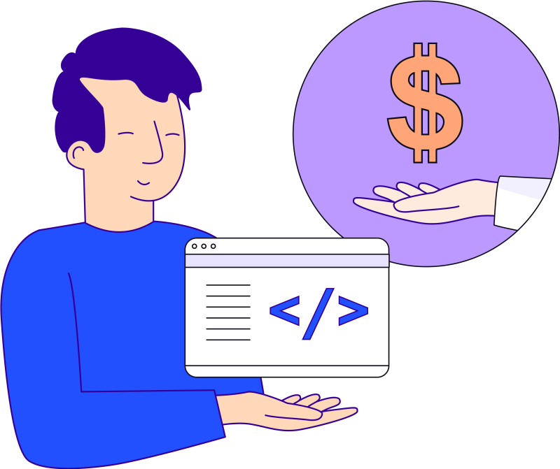 Illustration of a person holding a symbol of a computer screen with a computer code on it. A hand hovers above holding a dollar sign.