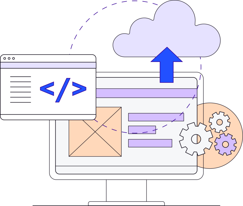 Illustration of a desktop screen connecting to a cloud to transmit data.