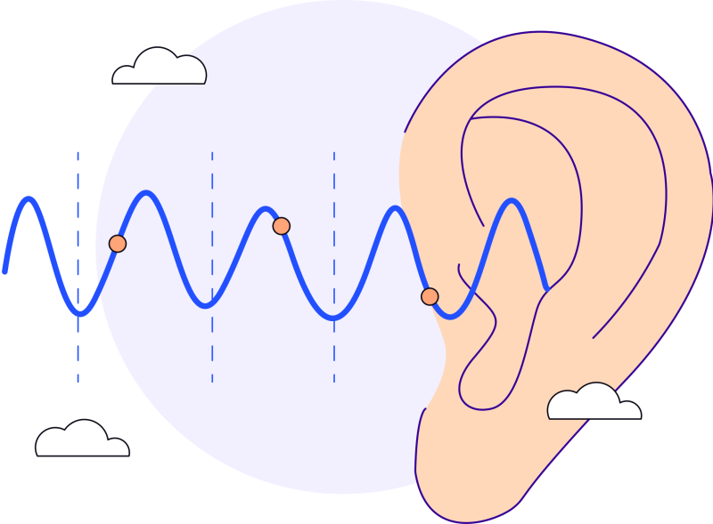 Illustration in blues, purples and oranges of an ear and frequency surrounded by clouds.