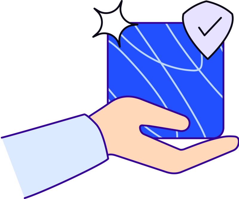 Illustration of a hand holding a blue square with a seal of approval on the right corner