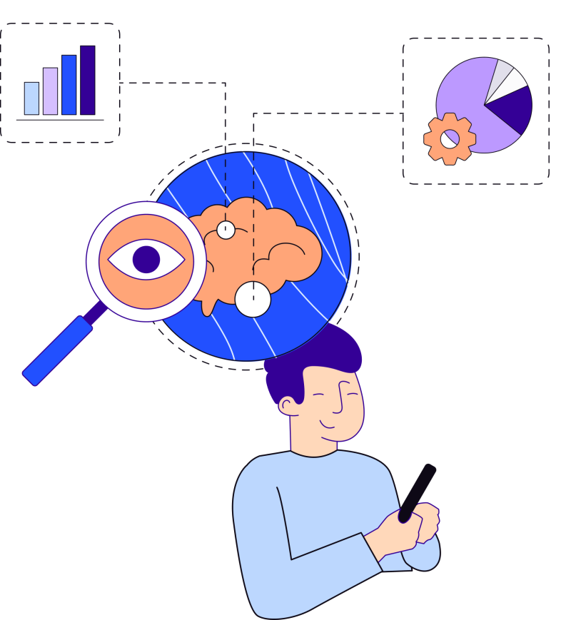 Illustration of a person thinking about how to use data, symbolized by graphs and charts in thought bubbles, and create a strategic position.