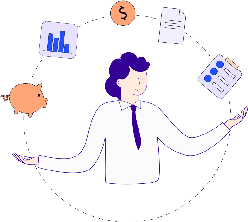 Illustration in blues, purples and oranges of a man with hands facing upwards surrounded by piggy bank, bar graph, clipboard, dollar sign and paper