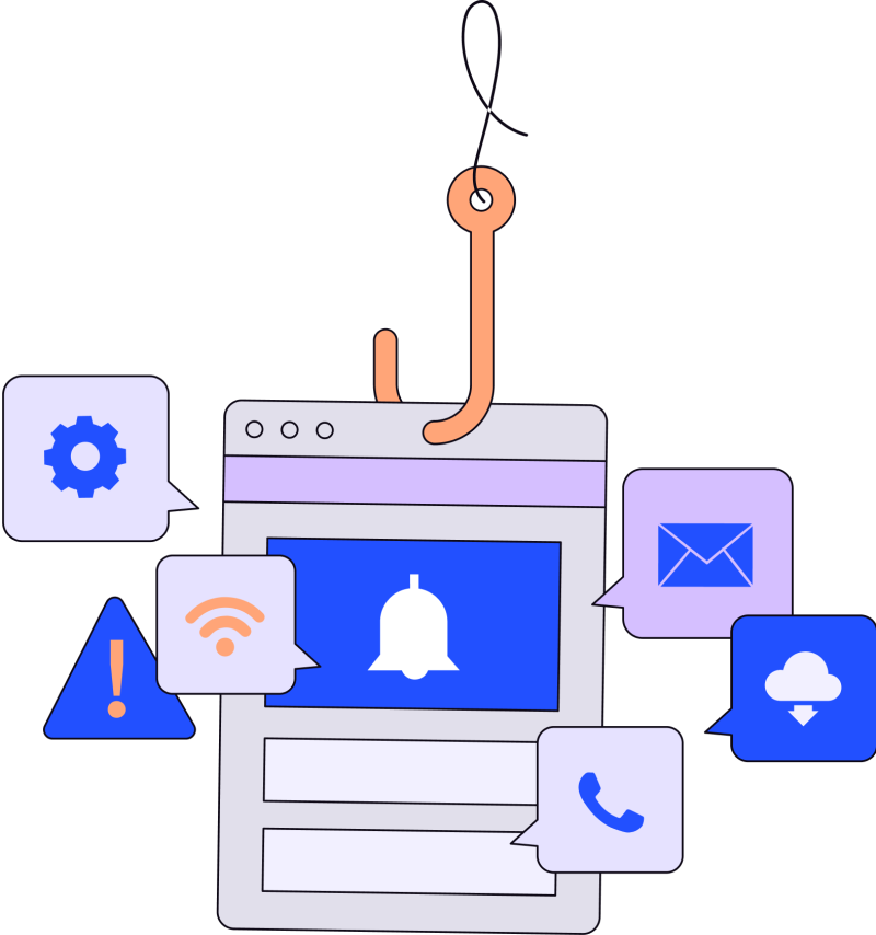 Illustration of a hook holding a notification page with popping out alerts like a bell, phone icon, or wifi symbol.