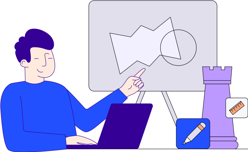 Illustration in blues, purples and oranges of man using a laptop while pointing to a board and surrounded by pencil inside a box, ruler and rook