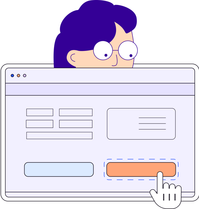 Illustration in blues, purples and oranges of a woman's face looking at a board with various shapes such as rectangles, circles and hand icons.