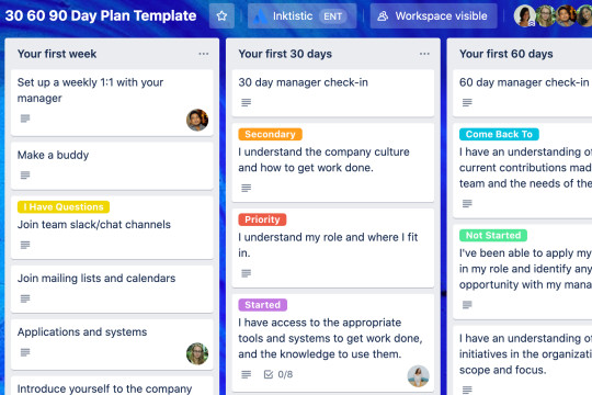 A view of a Trello board outlining some of the phases a new employee might go through within the onboarding process.