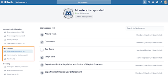 An image showing how to view Workspaces in the Trello Enterprise Admin Dashboard