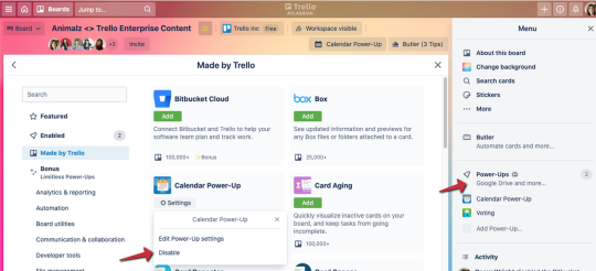An image showing how to disable a Power-Up on a Trello board