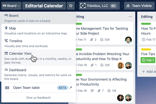 An image showing the different view options for a Trello board