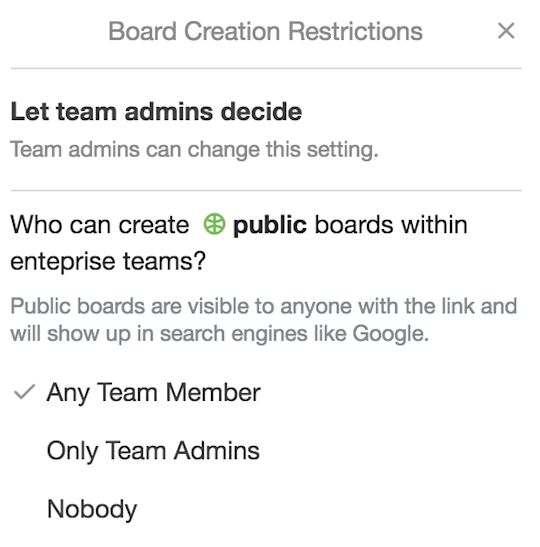 An image showing board creation restrictions for a Trello Workspace