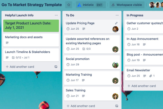 Visualização de quadro do Trello que mostra cartões que podem ajudar a organizar os lançamentos das campanhas de entrada no mercado