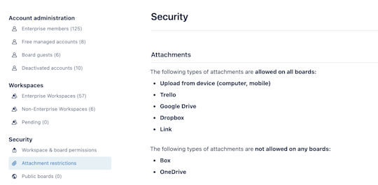 An image showing board attachment restrictions for a Trello Workspace