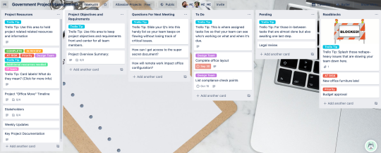 An image of a Government Project Template for a Trello board