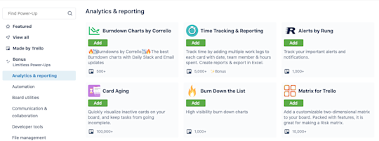 An image showing Trello Power-Ups for analytics and reporting