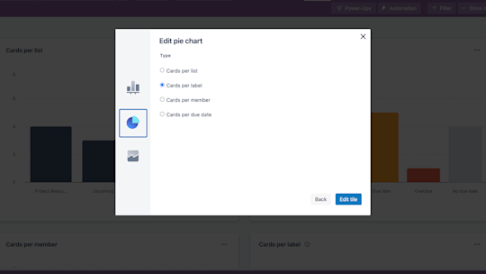 An image showing how to edit a pie chart on the Dashboard view of a Trello board