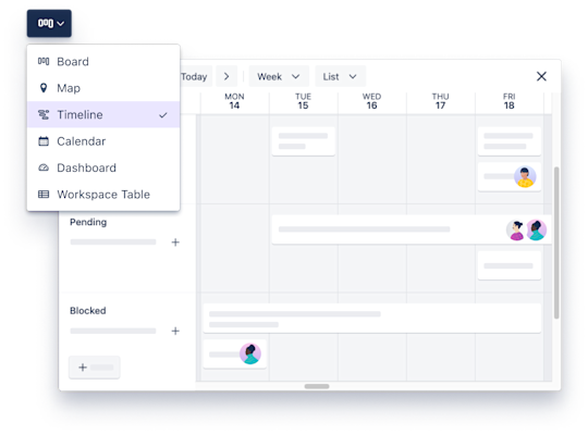 An illustration showing the Timeline view of a Trello board