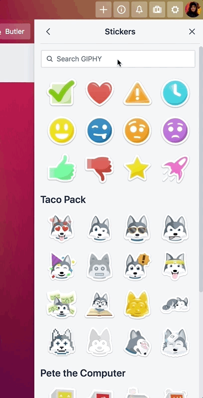 An image showing stickers on a Trello card